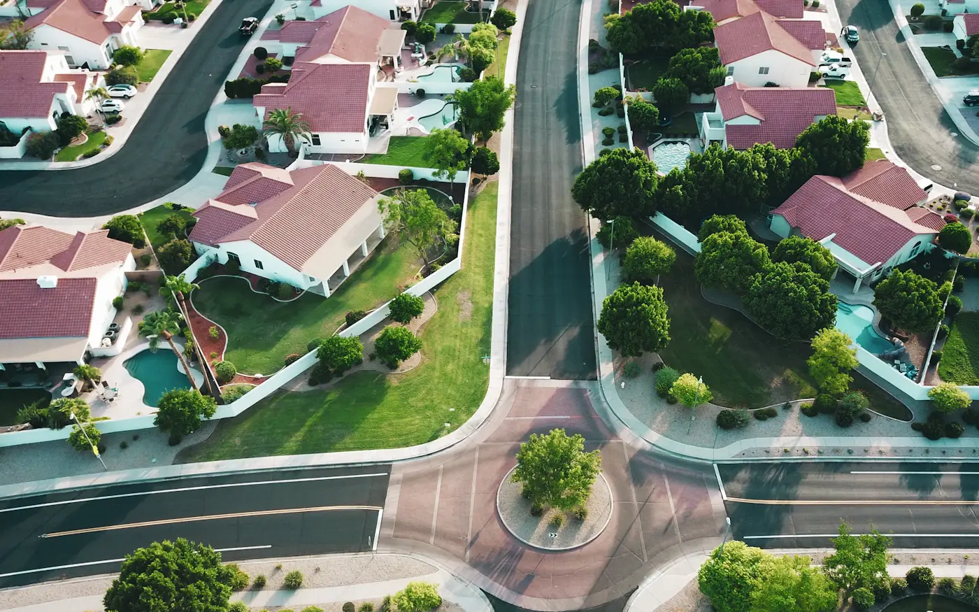 Aerial view of homes arranged along a residential street
